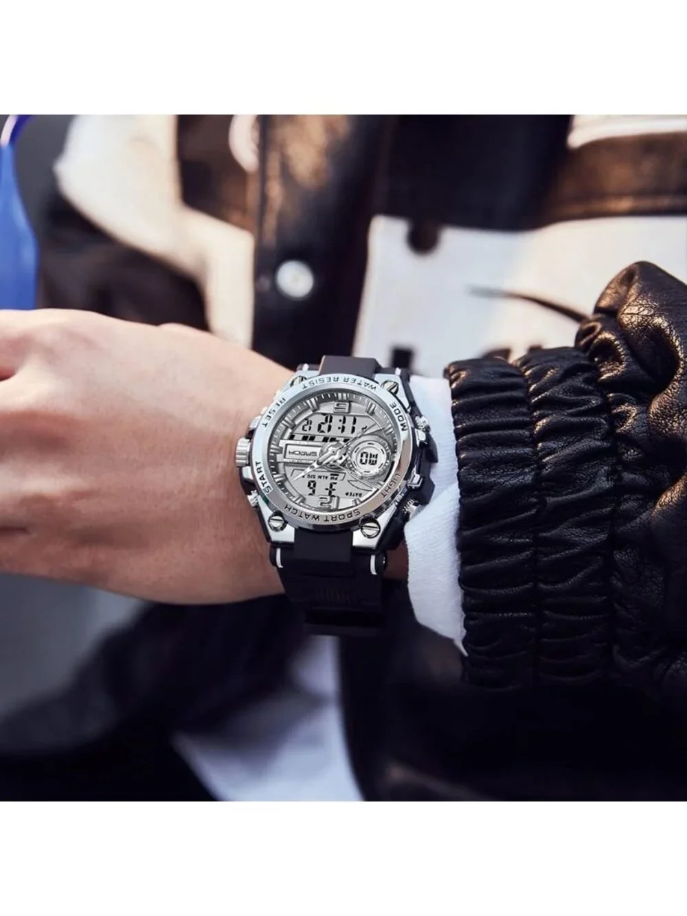 Men's Black Silver Analog Quartz Sports Waterproof Military LED Digital Watch